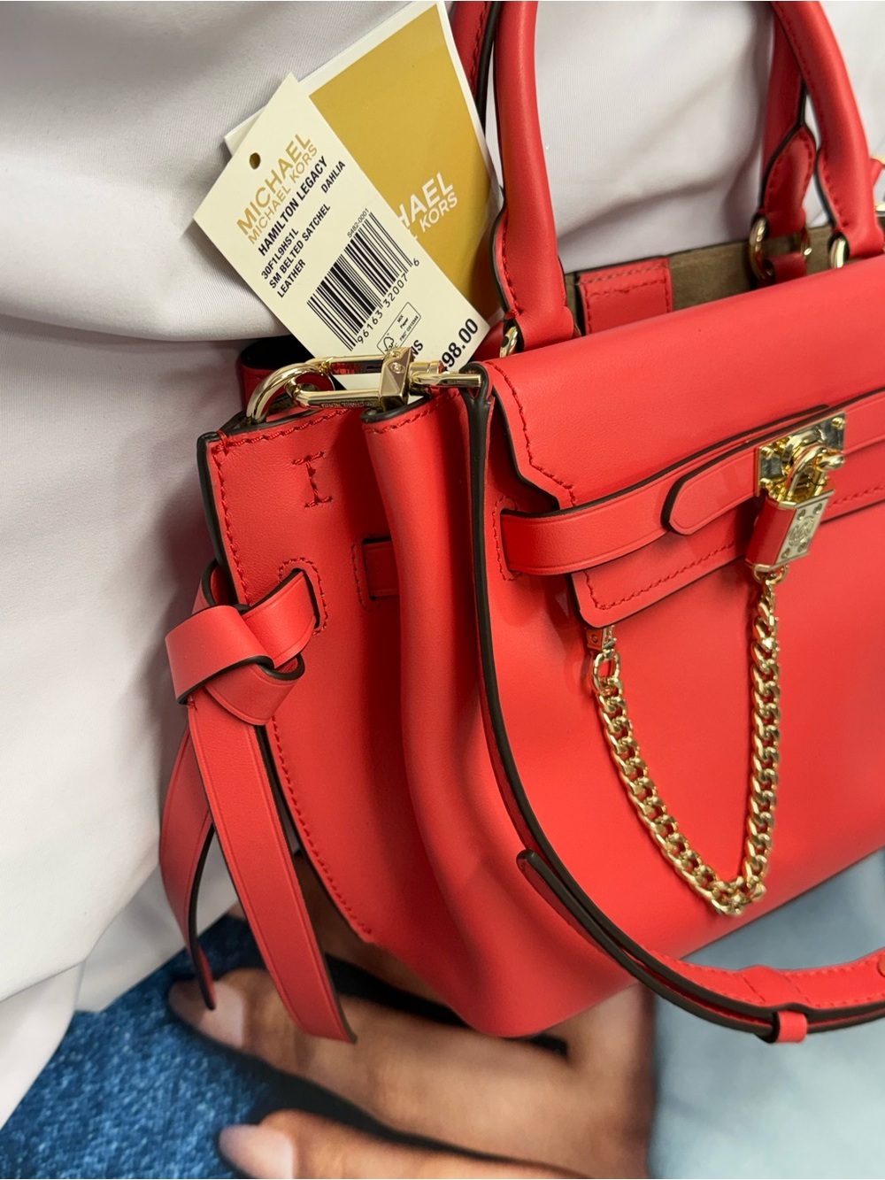 (new+tag) Michael Kors Leather Hamilton Legacy Dahlia Belted Red Pink Satchel - Picture 15 of 16